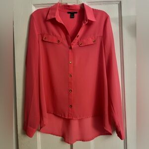 Bright Pink Sheer Blouse Shirt Top Sz Medium Hi-Low FOREVER 21 Office Wear